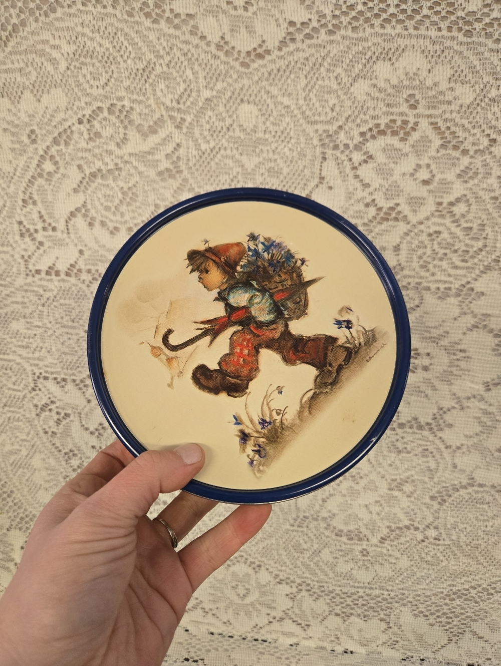 Hummel Blue Rim Round Tin Trinket Box Collectible